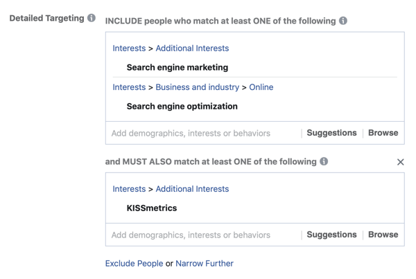 MUST ALSO मिलान फ़ील्ड का उपयोग करके अपने परिणामों को अपने फेसबुक विज्ञापनों के दर्शकों के हितों में रखने का उदाहरण।