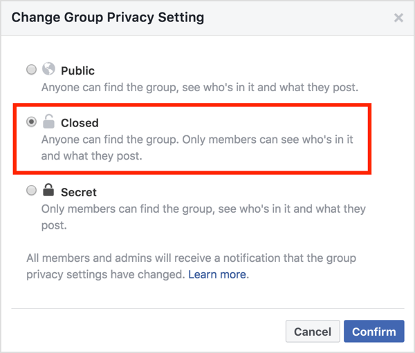 समूह गोपनीयता सेटिंग बदलें क्षेत्र में, बंद विकल्प का चयन करें और पुष्टि करें पर क्लिक करें।
