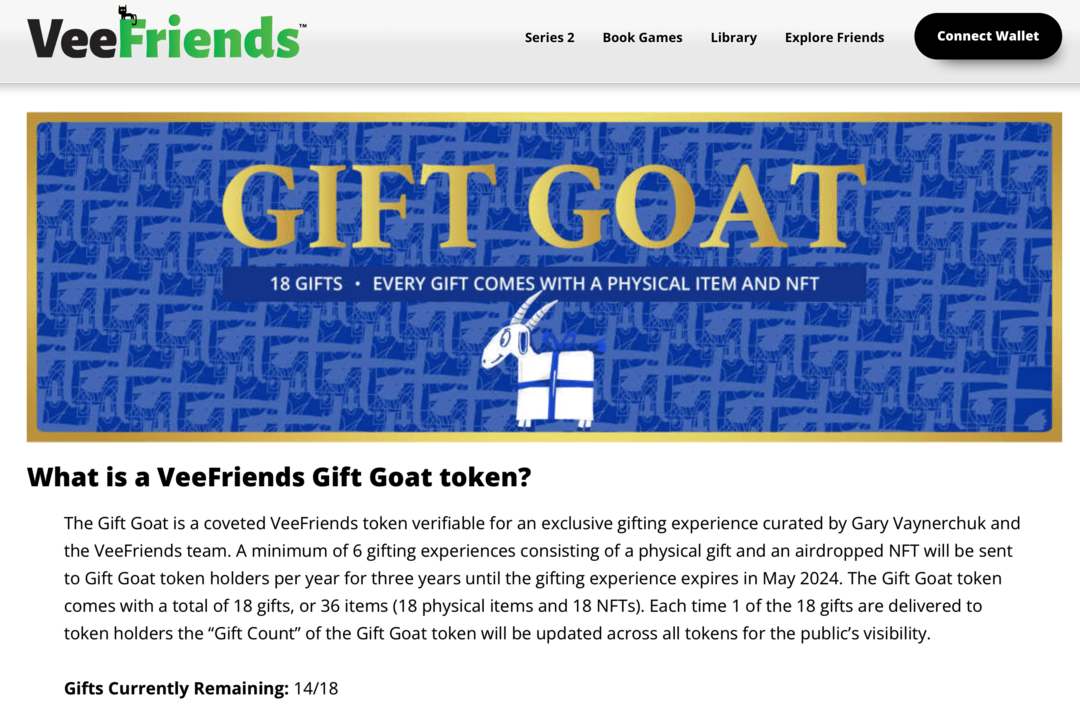 VeeFriends वेबसाइट पर VeeFriends उपहार बकरी टोकन लाभ की छवि