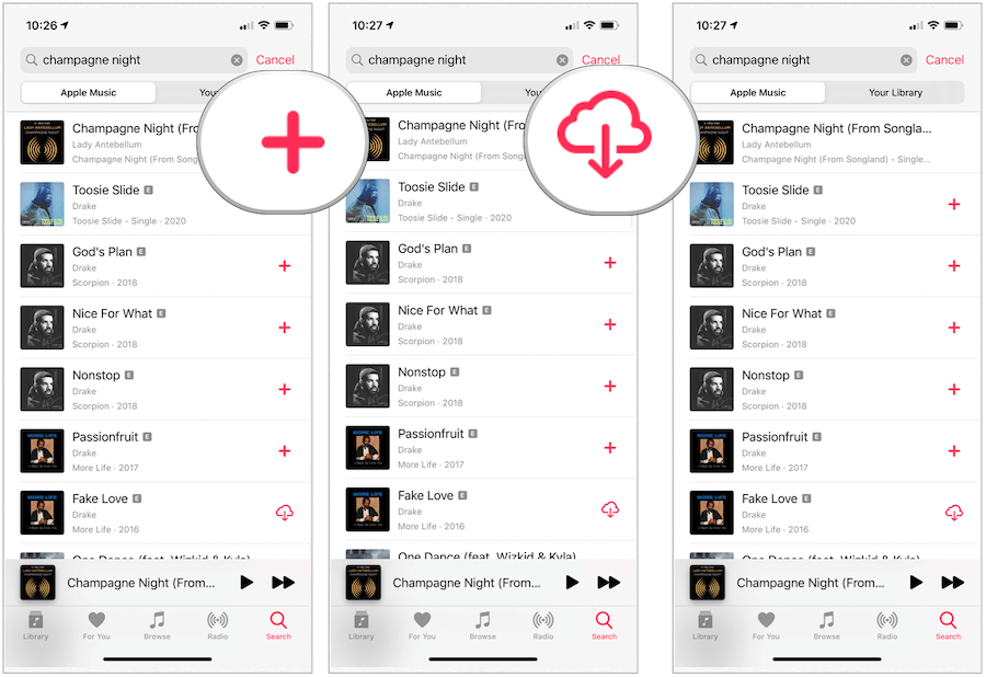 ऐप्पल म्यूजिक डिवाइस पर गाने डाउनलोड करता है