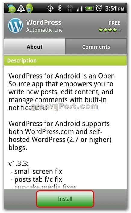 Android इंस्टॉल स्क्रीन पर वर्डप्रेस