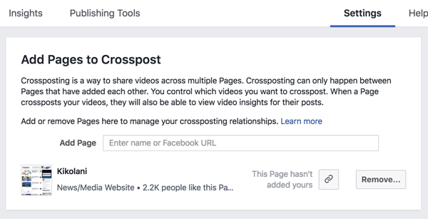 दो फेसबुक पेजों के बीच एक क्रॉस-पोस्टिंग संबंध स्थापित करें।