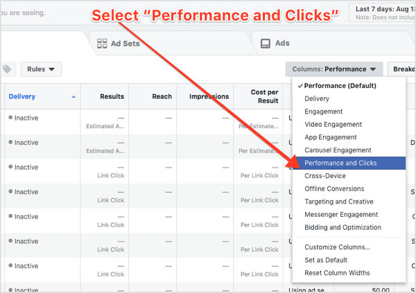 फेसबुक विज्ञापन प्रबंधक में कॉलम ड्रॉप-डाउन मेनू से प्रदर्शन और क्लिक का चयन करें।