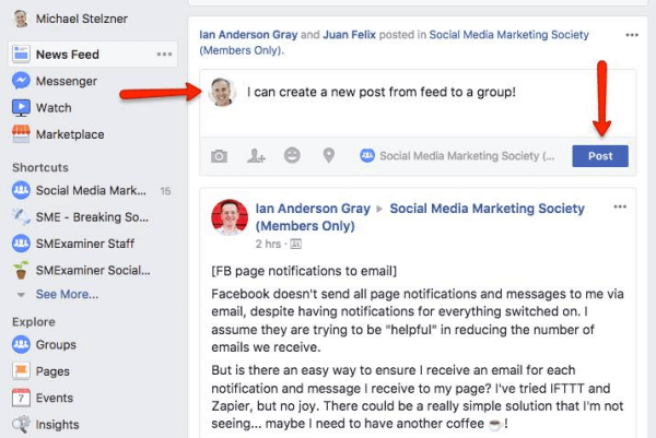 फेसबुक अब उपयोगकर्ताओं को समाचार फ़ीड से सीधे समूह में पोस्ट करने की अनुमति देता है।