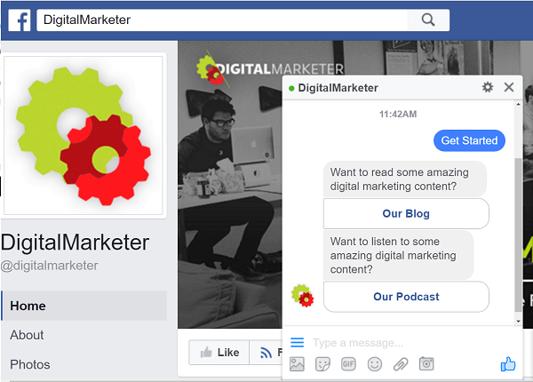 DigitalMarketer फेसबुक मैसेंजर के माध्यम से बातचीत करने के लिए ManyChat बॉट का उपयोग करता है।