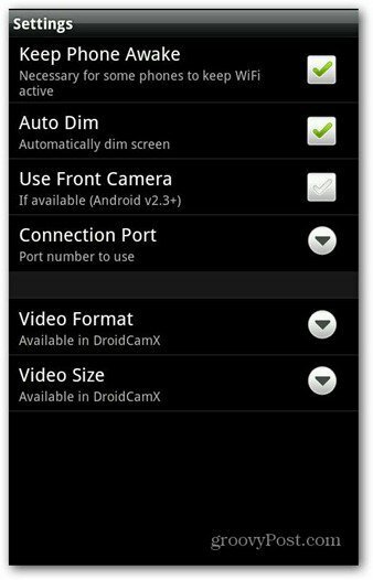 DroidCam Android एप्लिकेशन सेटिंग