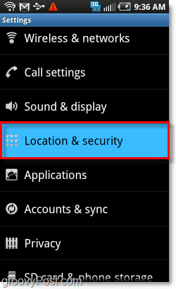 स्थान और सुरक्षा मेनू Android