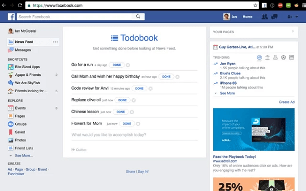 टोडोबूक आपके फेसबुक न्यूज फीड को तब तक के लिए ब्लॉक करता है जब तक कि आप अपनी प्राथमिकताओं को दिन के लिए पूरा नहीं कर लेते।