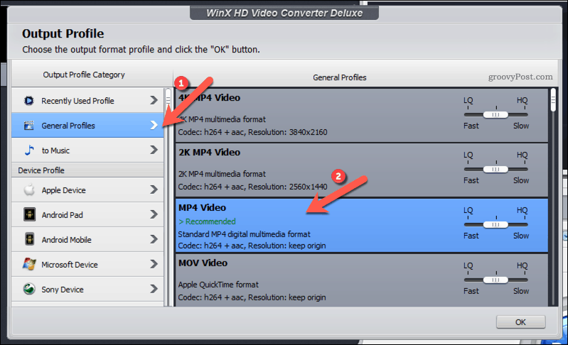 WinX में एक MP4 आउटपुट प्रोफ़ाइल का चयन करना