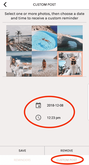 UNUM में कस्टम पोस्ट टैप करें, और फिर उस दिन और समय का चयन करें जिसे आप अपने फ़ीड में पोस्ट करना चाहते हैं।