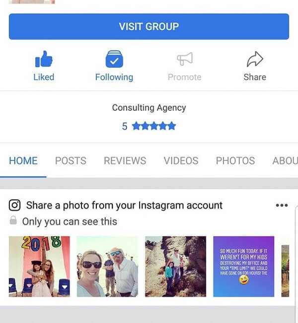 फेसबुक का मोबाइल ऐप अब इंस्टाग्राम तस्वीरों को एक पेज पर साझा करने का सुझाव देता है।