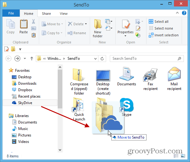 Windows राइट-क्लिक करें भेजें मेनू में SkyDrive जोड़ें