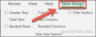 टेबल डिजाइन टैब एक्सेल
