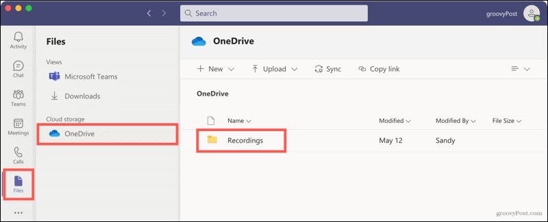 फ़ाइलें, OneDrive, टीम में रिकॉर्डिंग