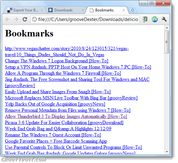 HTML फ़ाइल में बैकअप स्वादिष्ट बुकमार्क