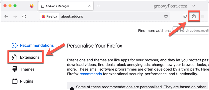 फ़ायरफ़ॉक्स एक्सटेंशन खोलें