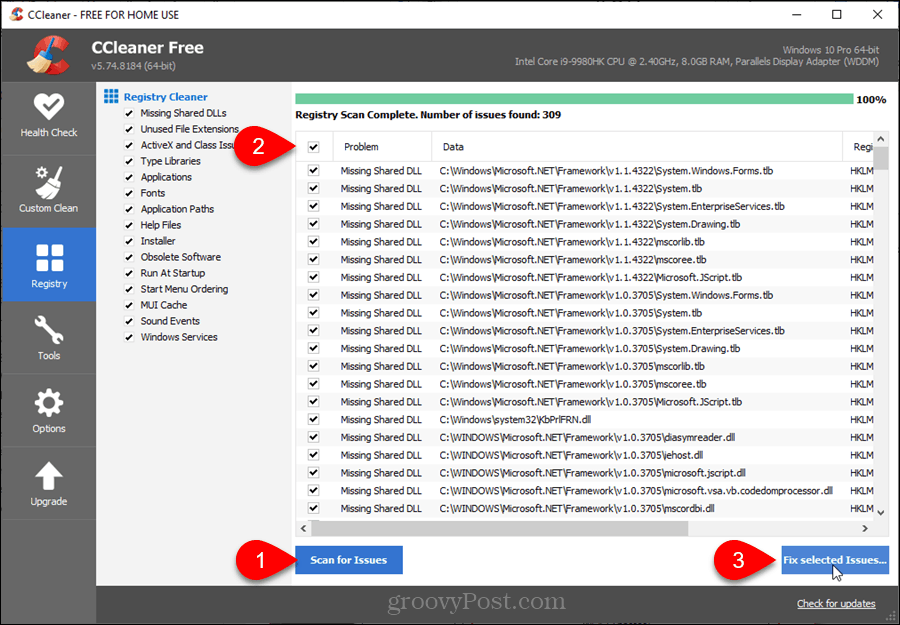 CCleaner में रजिस्ट्री क्लीनर