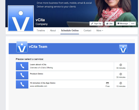 vcita facebook नियुक्ति टैब