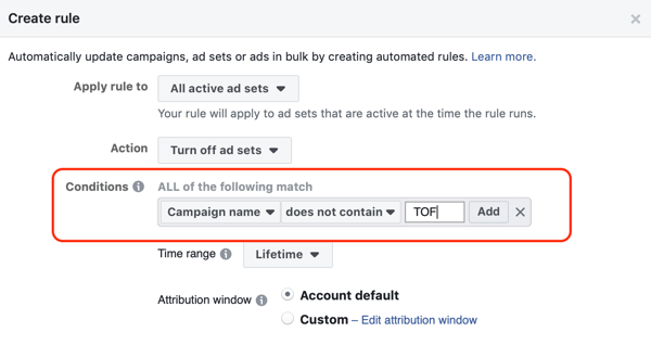 फेसबुक स्वचालित नियमों का उपयोग करें, जब विज्ञापन आरओएएस न्यूनतम, चरण 2, निर्धारित शर्तों से नीचे आता है, तो विज्ञापन सेट रोक दें