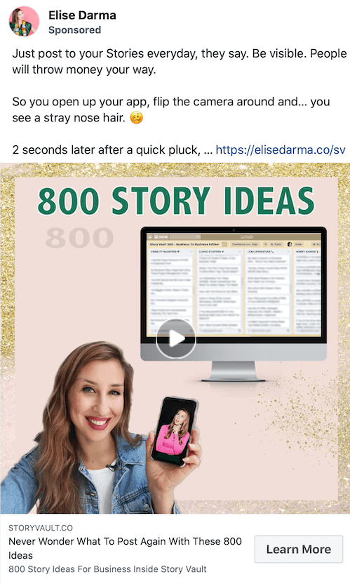 कहानियों के लिए 800 विचारों को बढ़ावा देने के लिए एलीज़ कर्मा द्वारा प्रायोजित पोस्ट का स्क्रीनशॉट उदाहरण