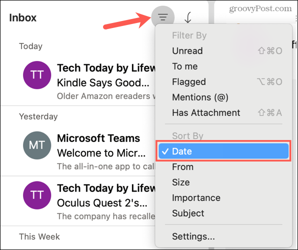 Mac. पर Outlook में दिनांक के अनुसार क्रमित करें