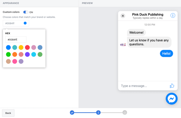 फेसबुक के साथ Google टैग मैनेजर का उपयोग करें, चरण 11, अपने फेसबुक चैट प्लगइन के लिए कस्टम रंग सेट करने के लिए विकल्प