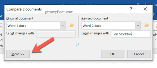 Microsoft Word दस्तावेज़ों की तुलना करने के लिए अतिरिक्त विकल्प