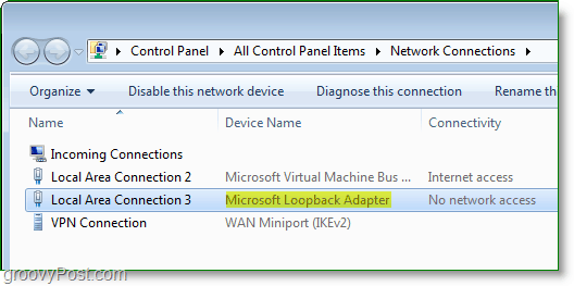 विंडोज 7 नेटवर्किंग स्क्रीनशॉट - नेटवर्क कनेक्शन विंडो में दिखाई देने वाला Microsoft लूपबैक एडाप्टर