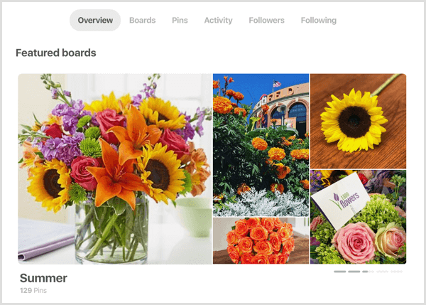Pinterest प्रोफ़ाइल के लिए विशेष रुप से प्रदर्शित अनुभागों का उदाहरण