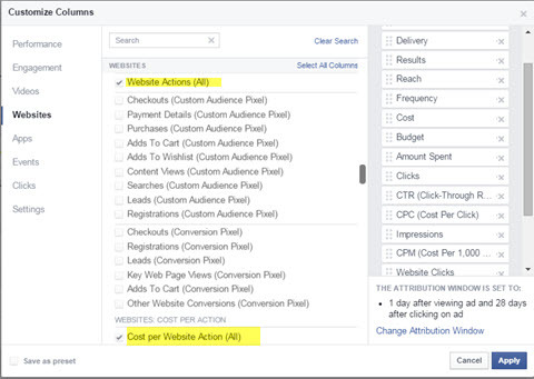फेसबुक विज्ञापन प्रबंधक वेबसाइट की कार्रवाई जोड़ते हैं