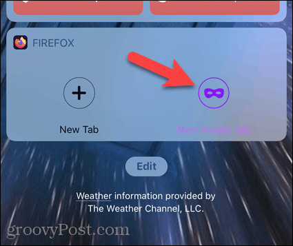 IOS में फ़ायरफ़ॉक्स विजेट पर नया निजी टैब टैप करें