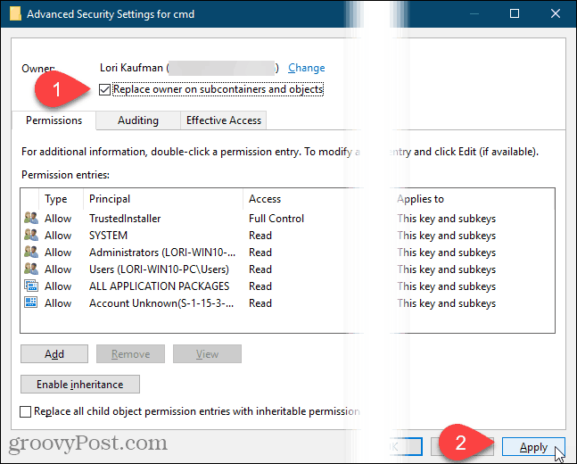 Windows रजिस्ट्री में उन्नत सुरक्षा सेटिंग्स संवाद बॉक्स पर लागू करें पर क्लिक करें