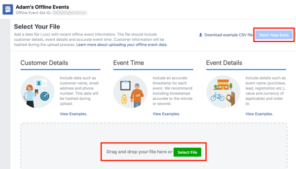 अपनी डेटा फ़ाइल को फेसबुक विज्ञापन प्रबंधक में खींचने और छोड़ने का विकल्प।