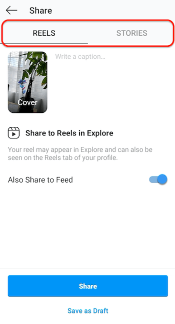 इंस्टाग्राम पोस्टिंग स्क्रीन का स्क्रीनशॉट रील्स टैब दिखा रहा है, जो रीलों का पता लगाने और आपके फ़ीड में साझा करने की अनुमति देता है