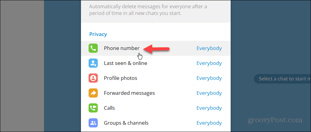 टेलीग्राम डेस्कटॉप ऐप में फ़ोन नंबर गोपनीयता सेटिंग