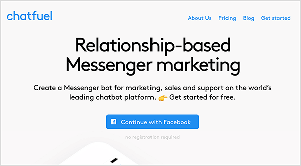यह चैटफ्यूल वेबसाइट का स्क्रीनशॉट है। ऊपरी बाएं हिस्से में, "चैटफ्यूल" शब्द नीले रंग के पाठ में दिखाई देता है। ऊपरी दाईं ओर निम्नलिखित नेविगेशन विकल्प हैं: हमारे बारे में, मूल्य निर्धारण, ब्लॉग, आरंभ करें। वेबसाइट के मुख्य क्षेत्र के केंद्र में अधिक पाठ है। एक बड़ा शीर्षक "संबंध-आधारित मैसेंजर विपणन" कहता है। शीर्षक के नीचे निम्नलिखित पाठ है: “दुनिया के प्रमुख चैटबोट प्लेटफॉर्म पर विपणन, बिक्री और समर्थन के लिए एक मैसेंजर बॉट बनाएं। मुफ्त में शुरू करें। ” इस पाठ के नीचे फेसबुक लोगो के साथ एक नीला बटन और नीला पाठ है जो कहता है कि "फेसबुक के साथ जारी रखें"। नताशा ताकाहाशी कहती हैं कि चैटफ्लू एक बॉट-बिल्डिंग प्लेटफॉर्म है जो मार्केटर्स को बिना कोड जाने कैसे बॉट बनाने में सक्षम बनाता है।