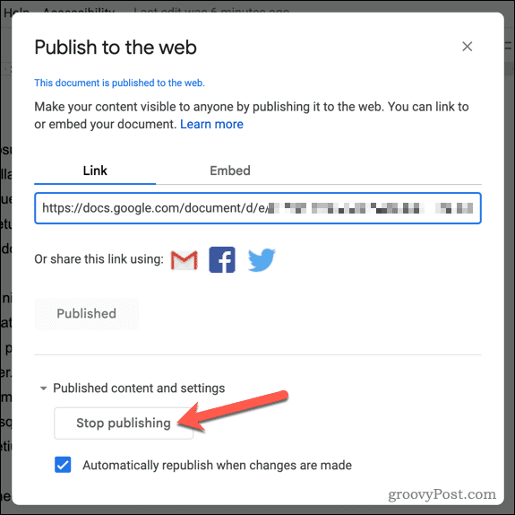 Google डॉक्स में दस्तावेज़ प्रकाशित करना बंद करें