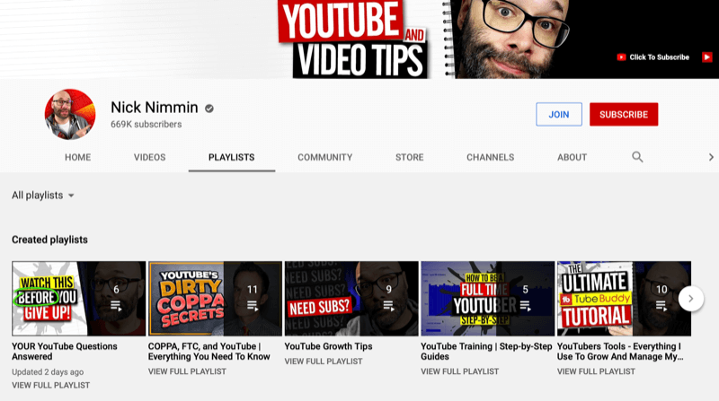 प्लेलिस्ट के टैब पर निक निमिन यूट्यूब चैनल मुख्य पृष्ठ का स्क्रीनशॉट, कई निर्मित प्लेलिस्ट दिखा रहा है