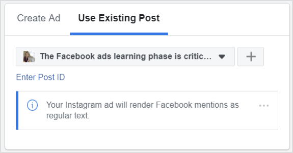 Create Ad के बजाय Use Ex मौजूदा पोस्ट पर क्लिक करें।