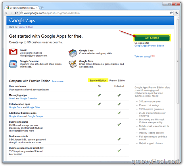 Google Apps मानक संस्करण लिंक प्रारंभ करें