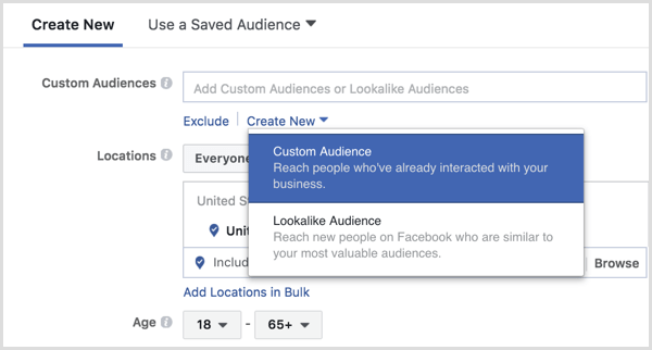 फेसबुक विज्ञापन प्रबंधक विज्ञापन सेटअप के दौरान कस्टम ऑडियंस बनाते हैं