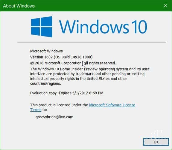 Microsoft विंडोज 10 इनसाइडर प्रीव्यू बिल्ड 14936 का विमोचन करता है