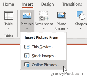 PowerPoint में एक ऑनलाइन स्रोत से चित्र सम्मिलित करना