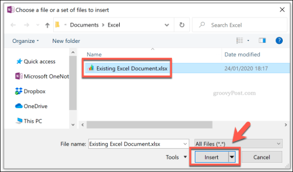 OneNote में फ़ाइल अनुलग्नक के रूप में Excel फ़ाइल जोड़ना