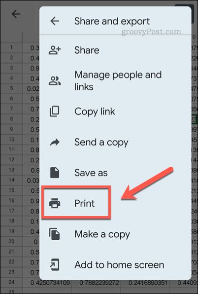 मोबाइल पर Google पत्रक प्रिंट मेनू खोलें