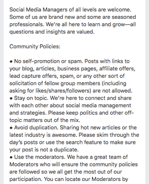 यहां फेसबुक समूह के नियमों का एक उदाहरण दिया गया है।