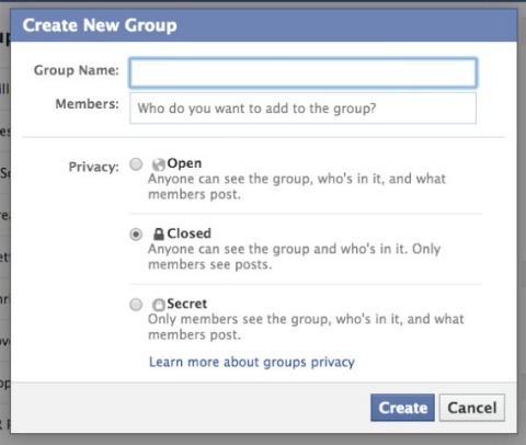 फेसबुक समूह सेटअप स्क्रीन