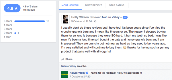 एक प्रकृति घाटी ग्राहक कंपनी के फेसबुक पेज पर एक ग्राहक समीक्षा छोड़ देता है।