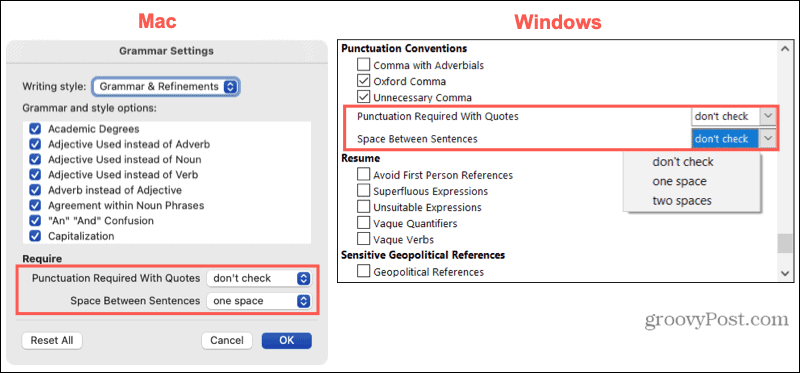 Mac और Windows पर विराम चिह्न सेटिंग