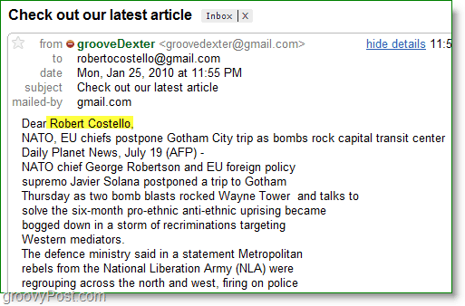 आउटलुक 2010 स्क्रीनशॉट - एक व्यक्तिगत सामूहिक ईमेल का एक उदाहरण